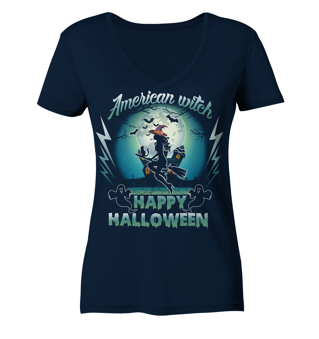 American Witch (Blau) - Ladies V-Neck Shirt