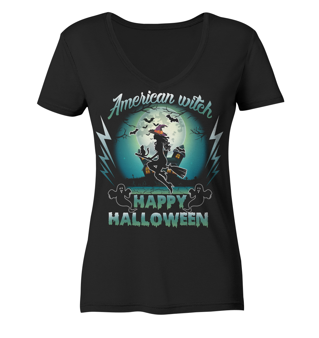 American Witch (Blau) - Ladies V-Neck Shirt